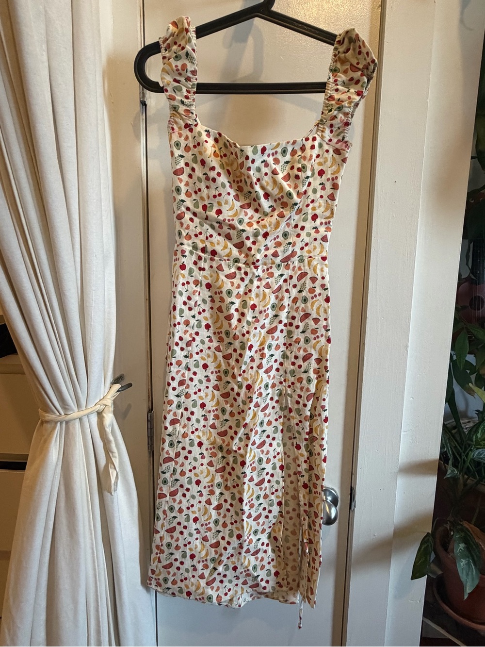 Reformation Cream Midi Dress with Red, Yellow & Green Fruit Print